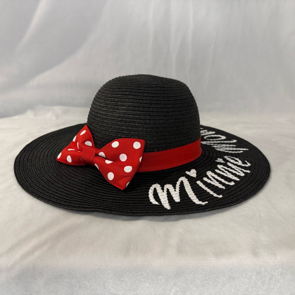Disney Minnie Mouse Wide Brim Sun Hat Black with Red and White Polka Dot Bow